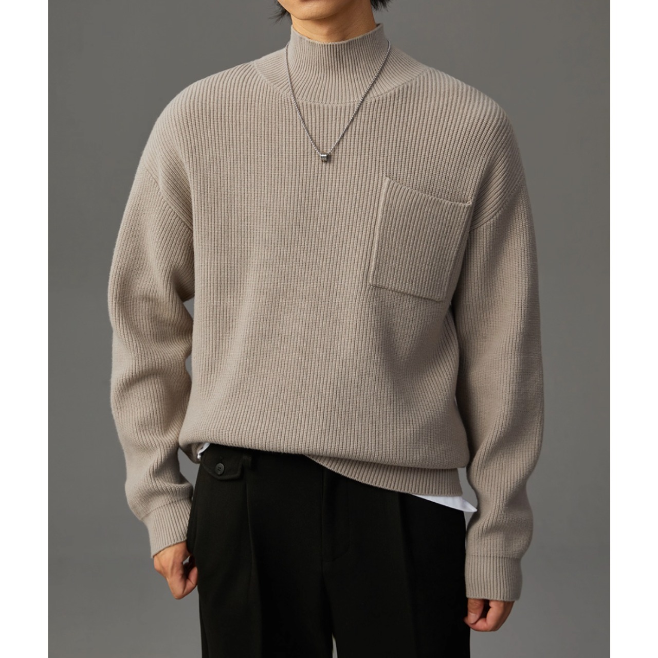 パッチポケット リブ編みニット af0050