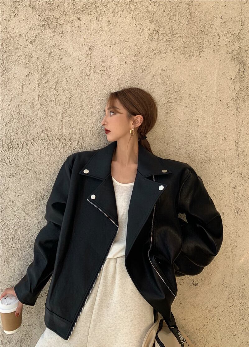 レザーショートジャケット ルーズブラックカジュアルトップス スプリング 春物 ブラックストロベリース93531884296