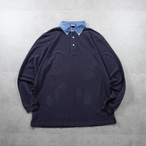 90s LANS'END L/S Denim collar polo Navy XL 古着