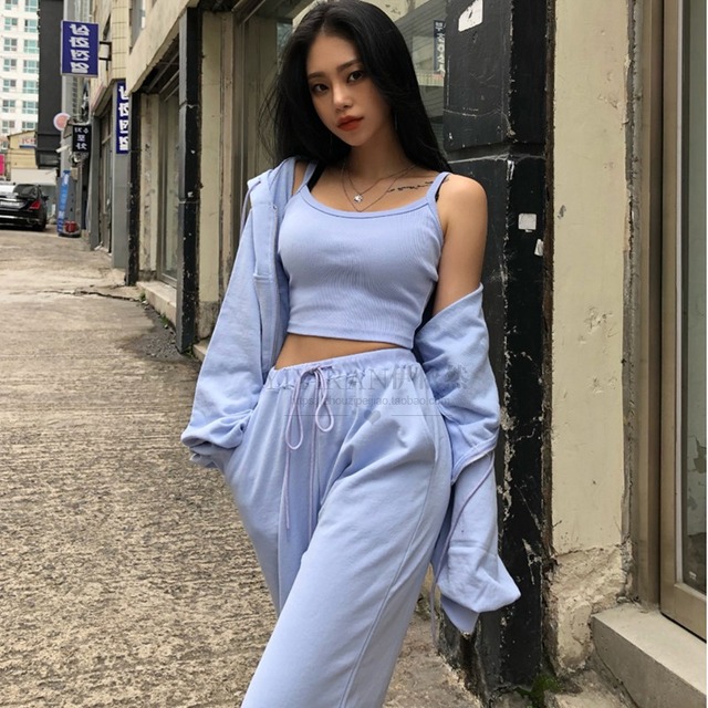 セットアップ レディース 秋 スウェット パーカー キャミ ワイドパンツ 3点セット 秋服 レディース 韓国 ファッション 秋 スポーツウェア カジュアル ニュアンスカラー ブルー グレー 黒 パーカー セットアップ レディース Vestito