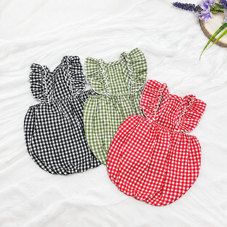 gingham frill dress S ~ XL 3color / 犬服 ワンピース 夏 韓国犬服 ギンガム チェックフリル ノースリーブ ドレス 涼しい ドッグウェア