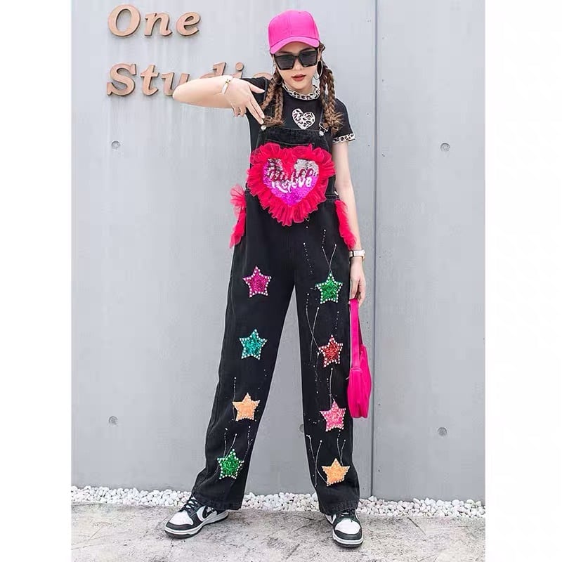 デニムパンツ ☆ 星 スター ピンク 黄色 オーバーオール ワンピース