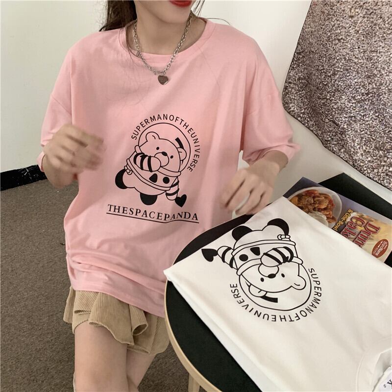 Tシャツ サマープリントルーズカジュアルラウンドネックトップス ピンク 夏物 Oネック クレセントシティ3341557925