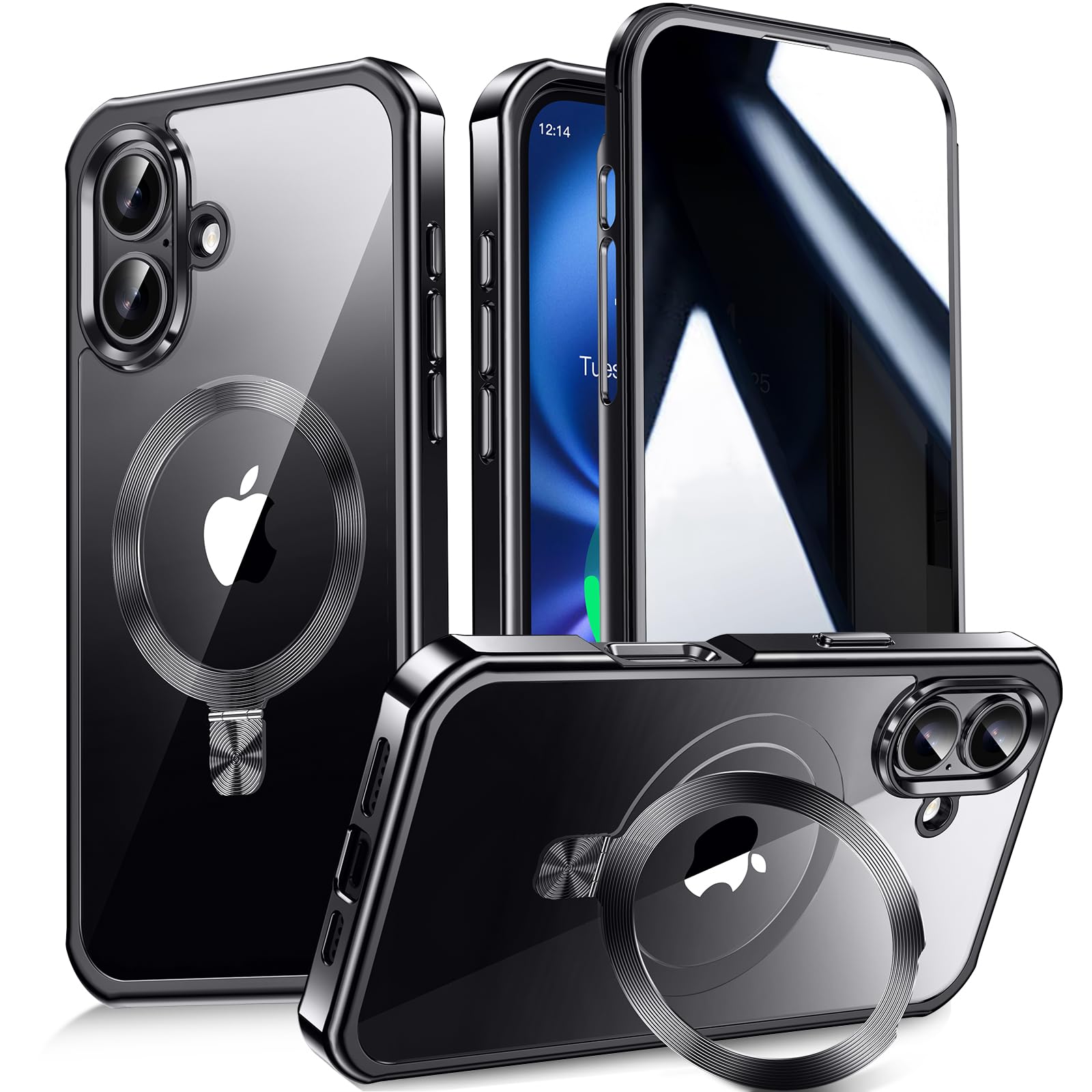 【多機能隠しスタンド・マグセーフ対応・覗き見防止】WTAIYUN iPhone 17 用 ケース 全面保護 CDリング 縦横両立 米軍規格-ブラック