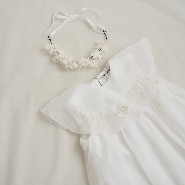 Original 刺繍   Bell organdy (cotton satin) Kids dress  & head accessory（White）90