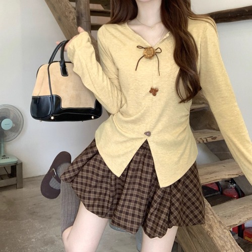 【2点セット】ランダムボタンキーネックニットトップス＋チェックギャザーミニスカ ・71980