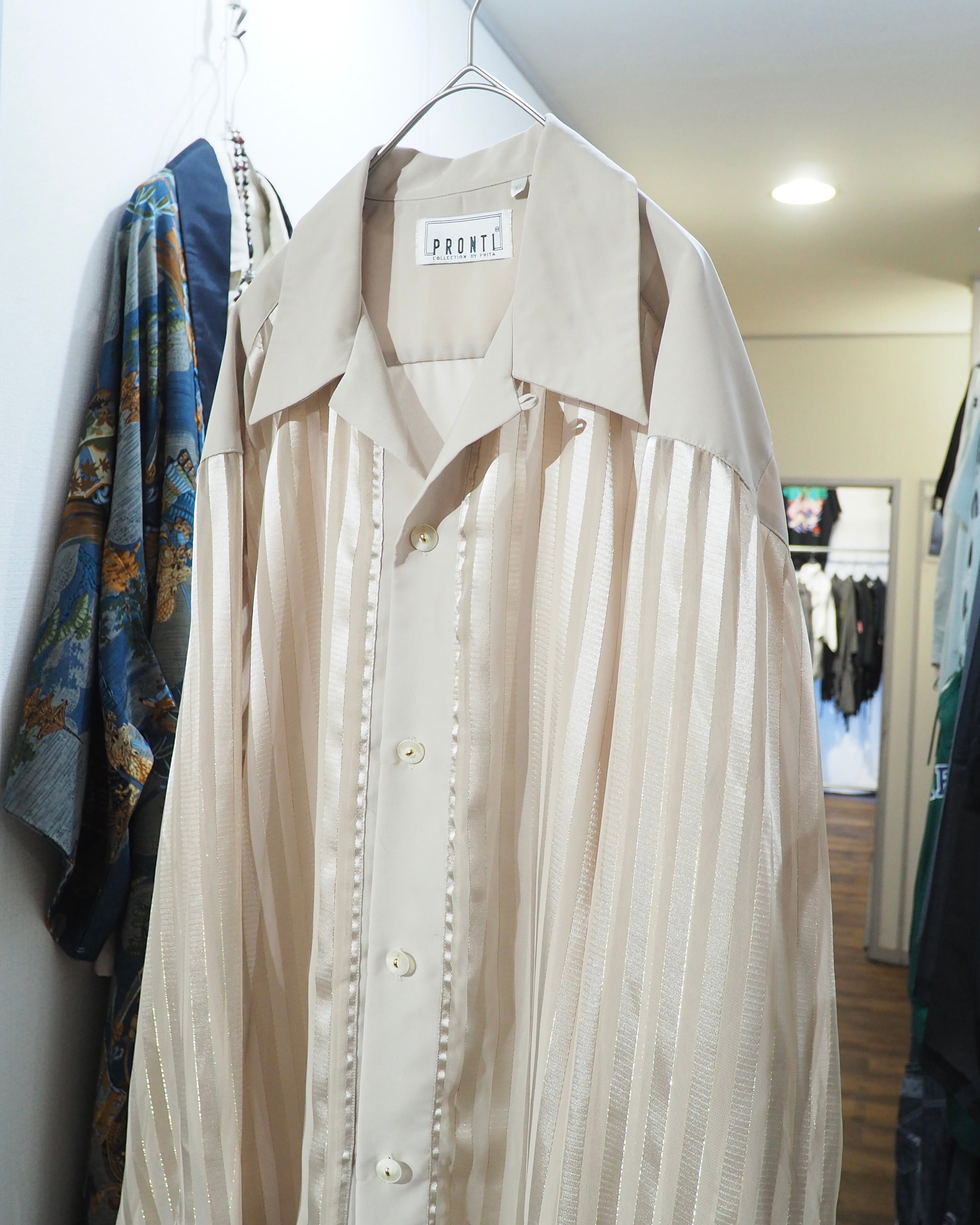 1990s " PRONTI " Sheer stripe Design vintage Drape loose Open collar Shirt