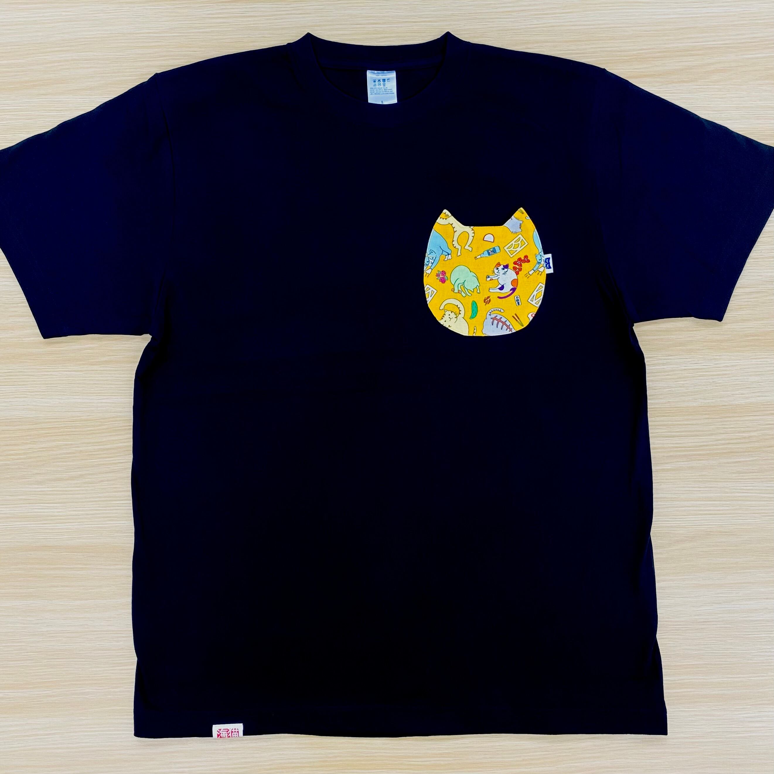 猫型ポケットTシャツ・黒(沖縄猫・マンゴー) | 海猫商店