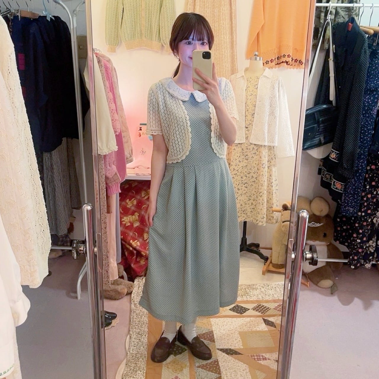 lace collar light green dot one-piece