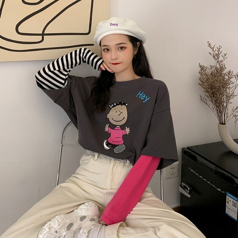 ストライプスリーブプリントルーズTシャツ ロング ステッチ YY-ファッション95545962567