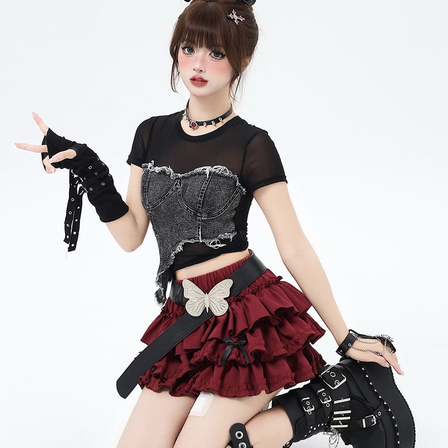 半袖Tシャツ トップス デニム レイヤード風 ダメージ加工 地雷系 JK