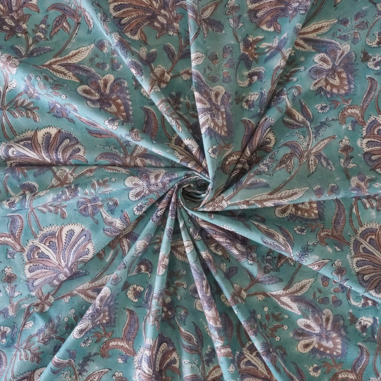 ブロックプリント生地【50cm単位】インド綿  花柄 グリーン×くすみブルー #39780-GR1