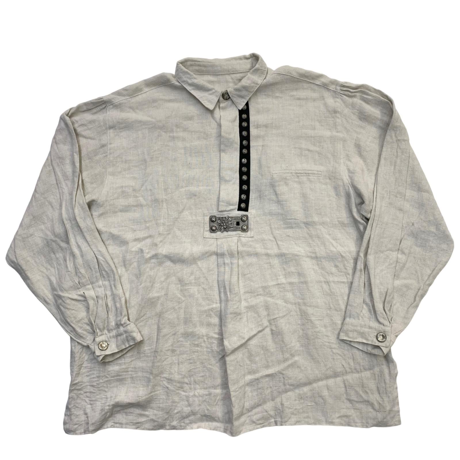 チロルシャツ　古着　ユーロ　チロリアン　生成り　リネン　BD52 チロルシャツ 刺繍付きグレー長袖シャツ ユーロ リネン シャツ チロル