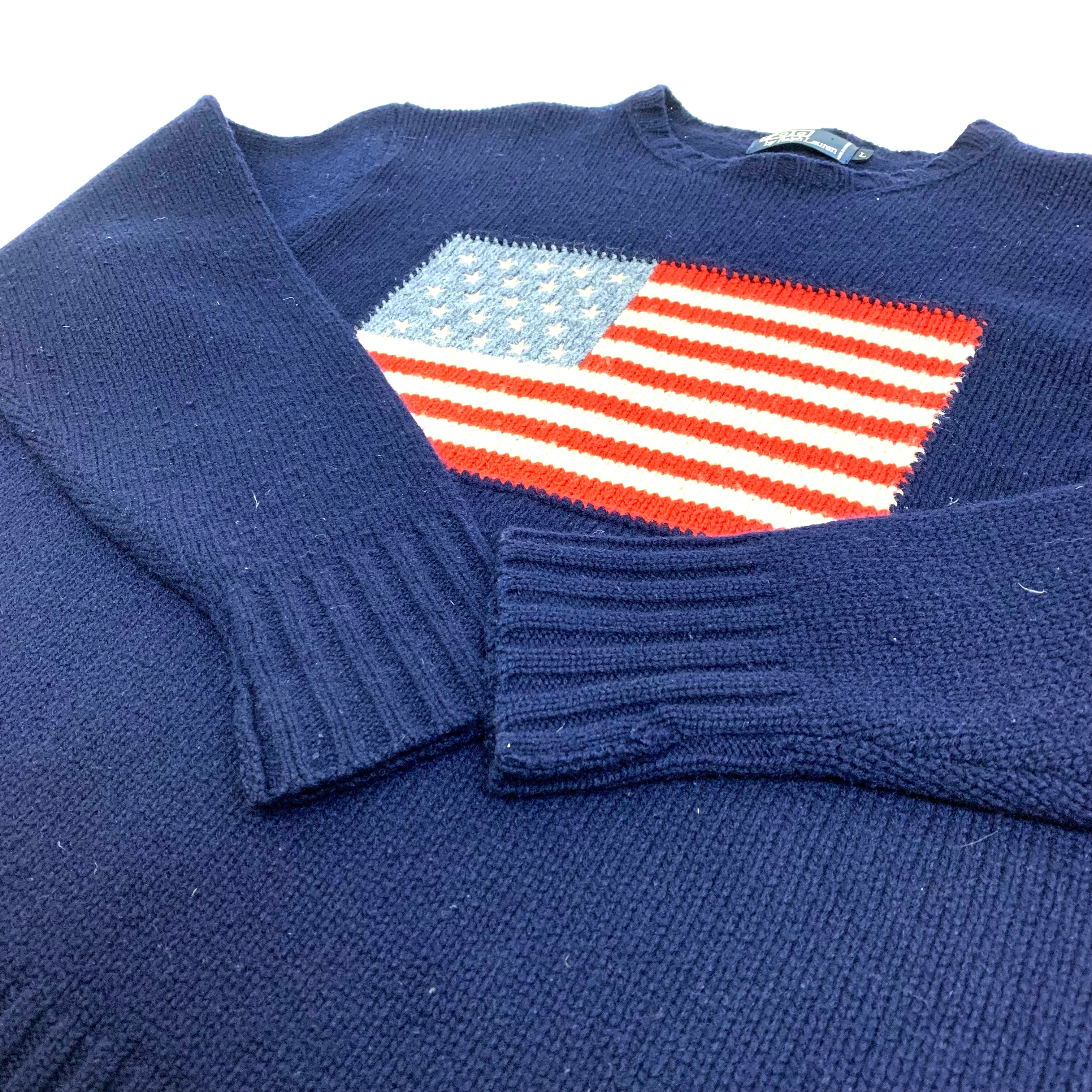 0227 / 1990's RL American flag sweater ネイビー アメリカ国旗