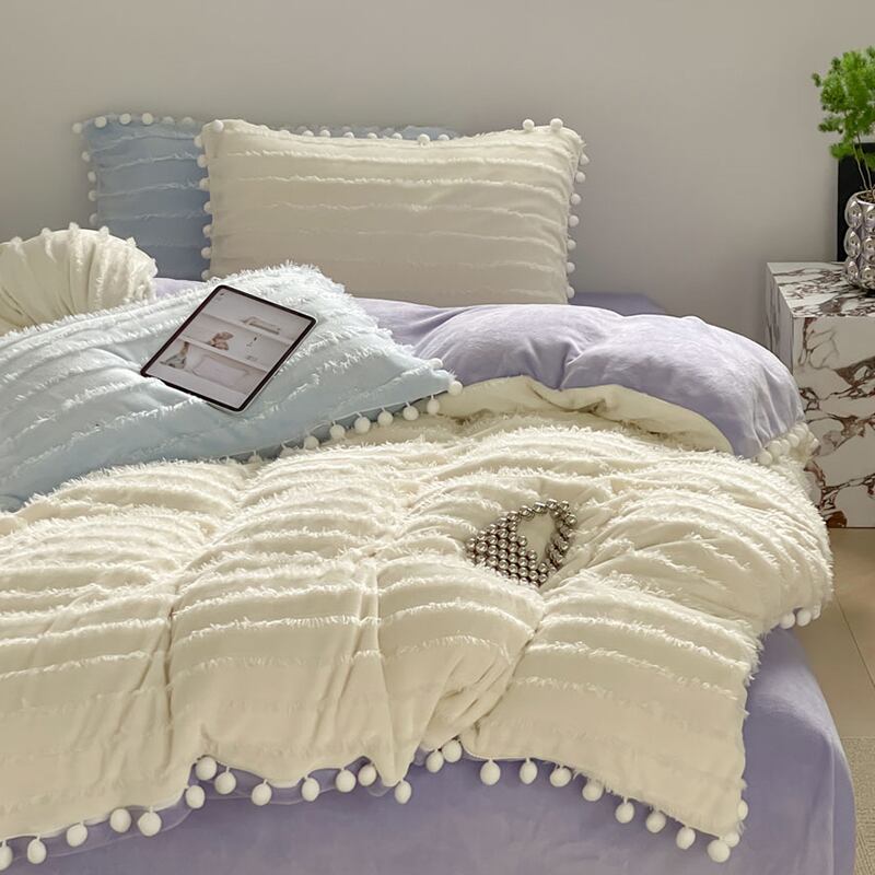 【SHEETSET】秋冬サンゴフリースポンポン付きタッセルベッドカバーセット