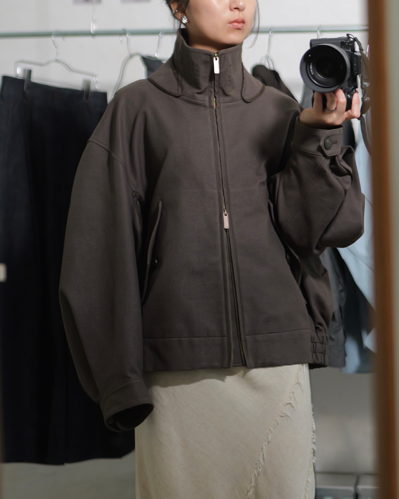 予約販売 | i’m here : - “COTTON LEATHER” BLOUSON ：Brown｜コットンレザー／スイングトップ／バルーンシルエット