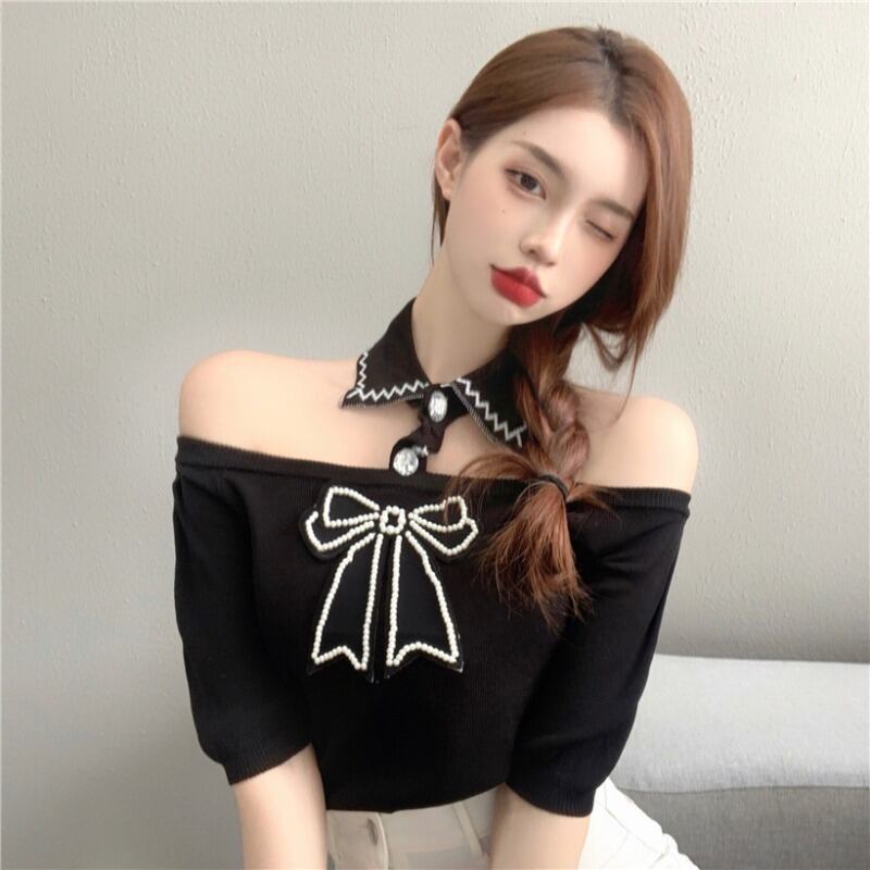 ショートホルタースリムソリッド カラーニットセーター トップス レディース リボン ソリッドカラー ハンチェンe93092219370