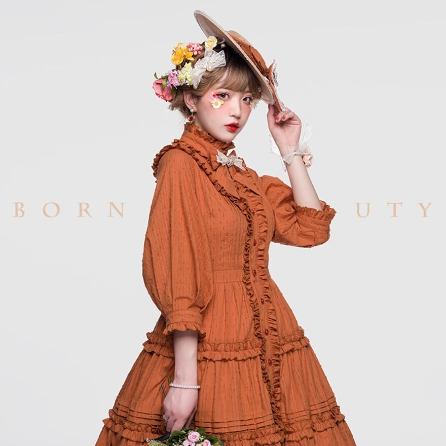 クラシカルロリィタ 長袖ロングワンピース（フリルティアード・前開き