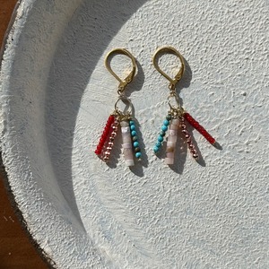 NC26041【ｻｰｼﾞｶﾙｽﾃﾝﾚｽ：ｺﾞｰﾙﾄﾞ】ピンクオパール×ターコイズ×ホワイトハーツビーズ　ピアス