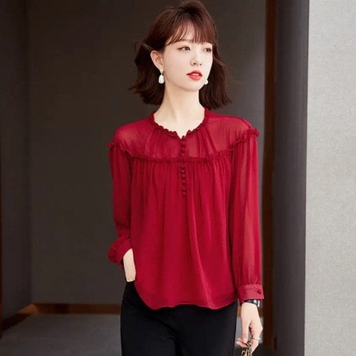ブラウス レディース 長袖 シフォンシャツ 春 オシャレ レッド S M L XL 2XL ポリエステル 華奢見え きれいめ こなれ感 ランタンスリーブ フリル お呼ばれ