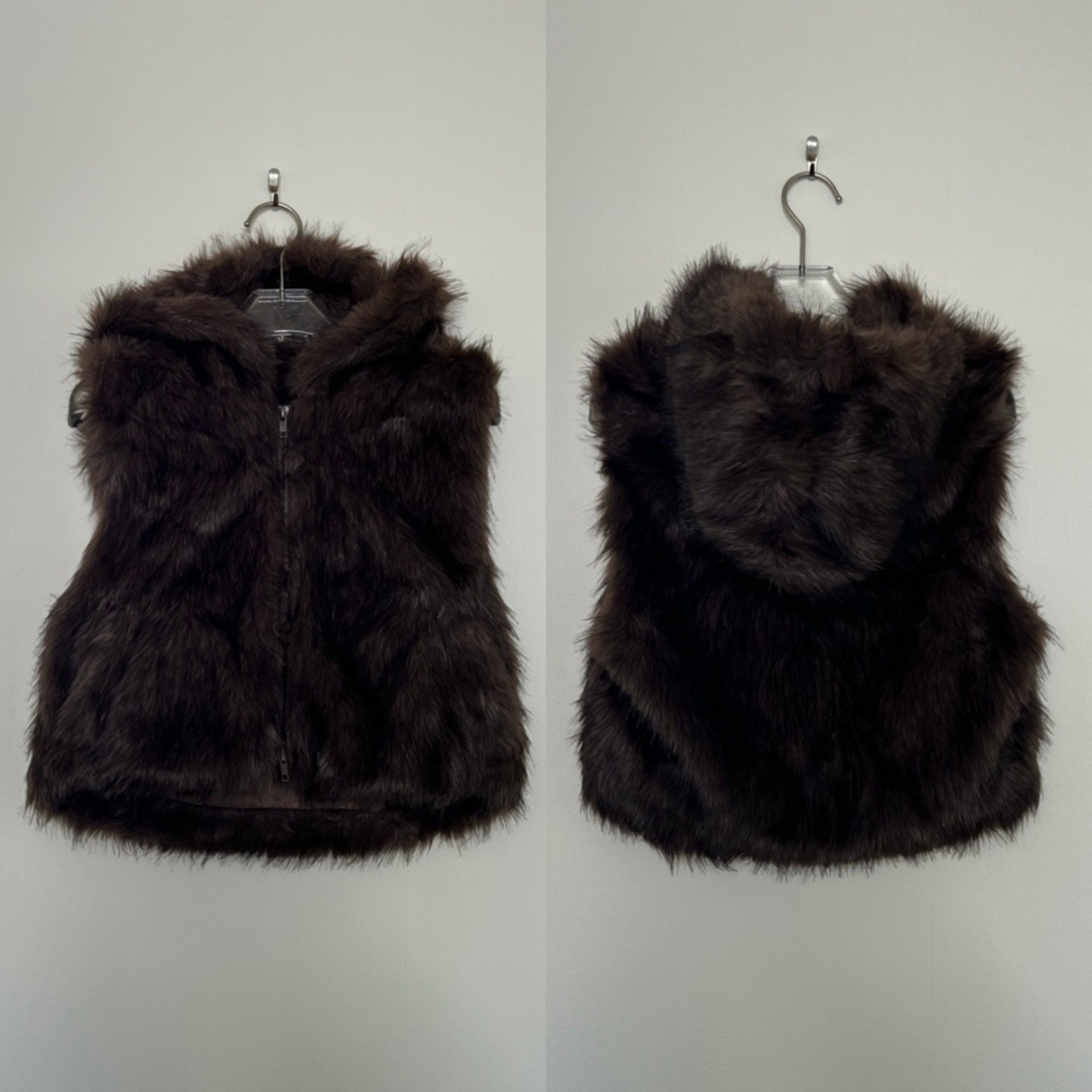 【東京先行販売】ショート丈Wzipエコファーフーディーvest/ブラウン