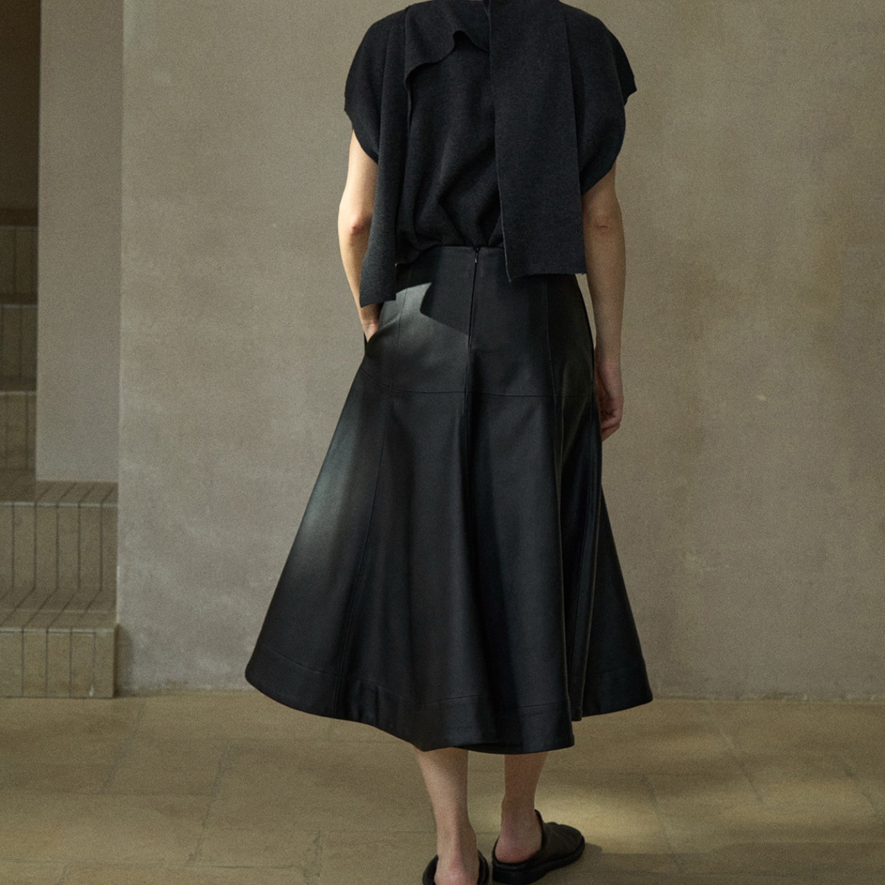 Flare Leather Midi Skirt T3760