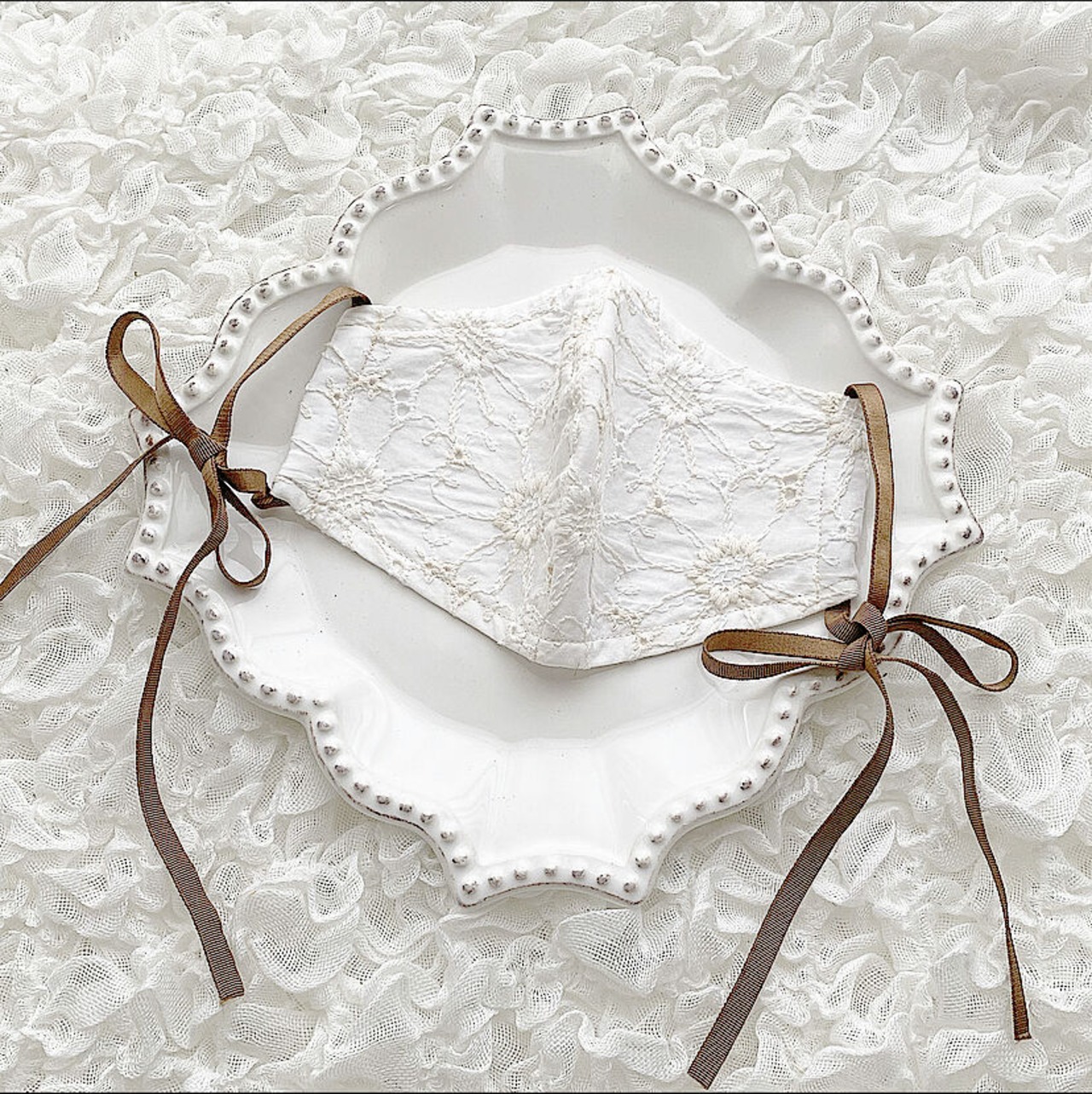 フラワー柄レースリボンマスク【即納】