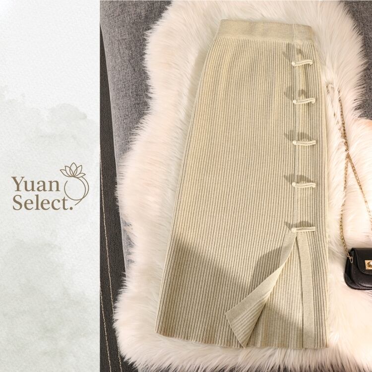 チャイナボタン　リブニットタイトスカート　5カラー　YS00199