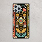 受注生産 iPhoneケース 黒背景の花と植物の民芸柄｜花モチーフ PSYF054C