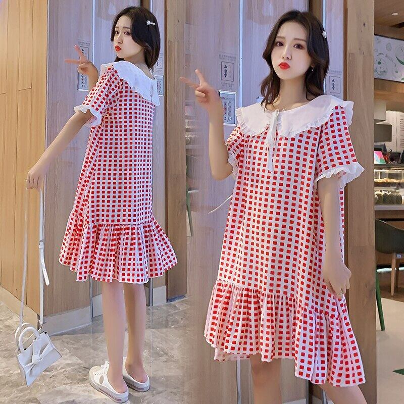 【新作】【送料無料】 妊娠中の女性2020年夏のスタイルのチェック人形の襟が出て行くネクタイ蝶結びロングスタイルのドレス リボン サマー 夏物 AL expec371877081374