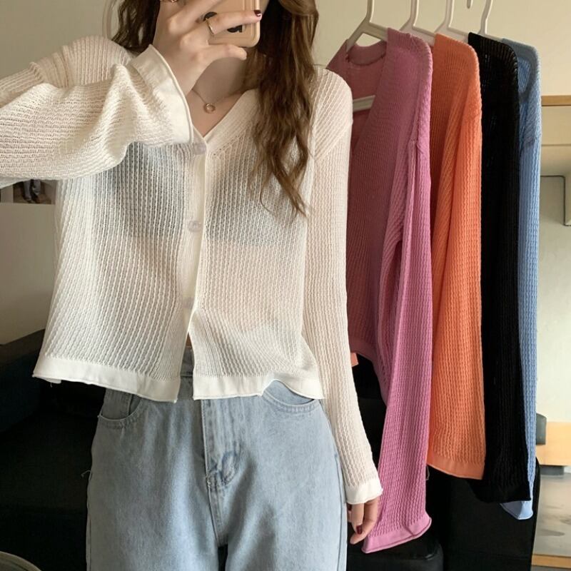 スタイルニットカーディガンオータムソリッド カラーVネック薄手ブラウス レディース ロング 秋物 ソリッドカラー ハンチェンe16428188777