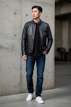 TOUR RECORD シングルライダース 胸元2本ジッパー シープレザー(羊) メンズ ブラック Lサイズ
