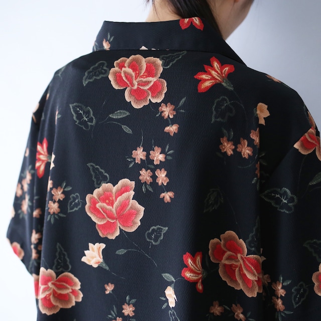 "花柄" black base red flower pattern box silhouette h/s shirt