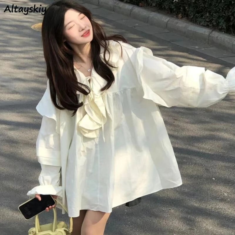 【新作】【送料無料】 フラウンスエッジ女性ミニドレスピーターパン襟ルーズ固体レジャー素敵なエレガントな韓国スタイルファッションヴィンテージストリート 0391936265816