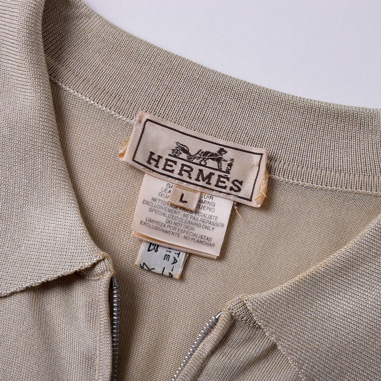 HERMES エルメス ハーフジップ ニットポロ カシミヤ シルク レザープル 極美品】Hermes silk Knit polo half zip made in Italy size L beige