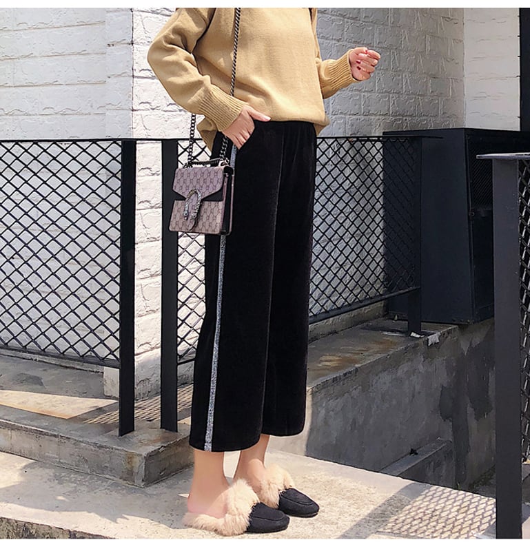 【ELEGANT】ワイドパンツ レディース ベルベットパンツ ガウチョパンツ フレアパンツ ゆったり カワイイ 厚手 秋服 冬服 ブラック 大きいサイズ S M L LL 3L | elegant powered by BASE