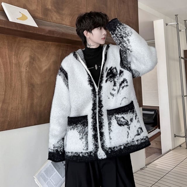 予約販売】カーディガン ニット シック モノトーン フード ジップ