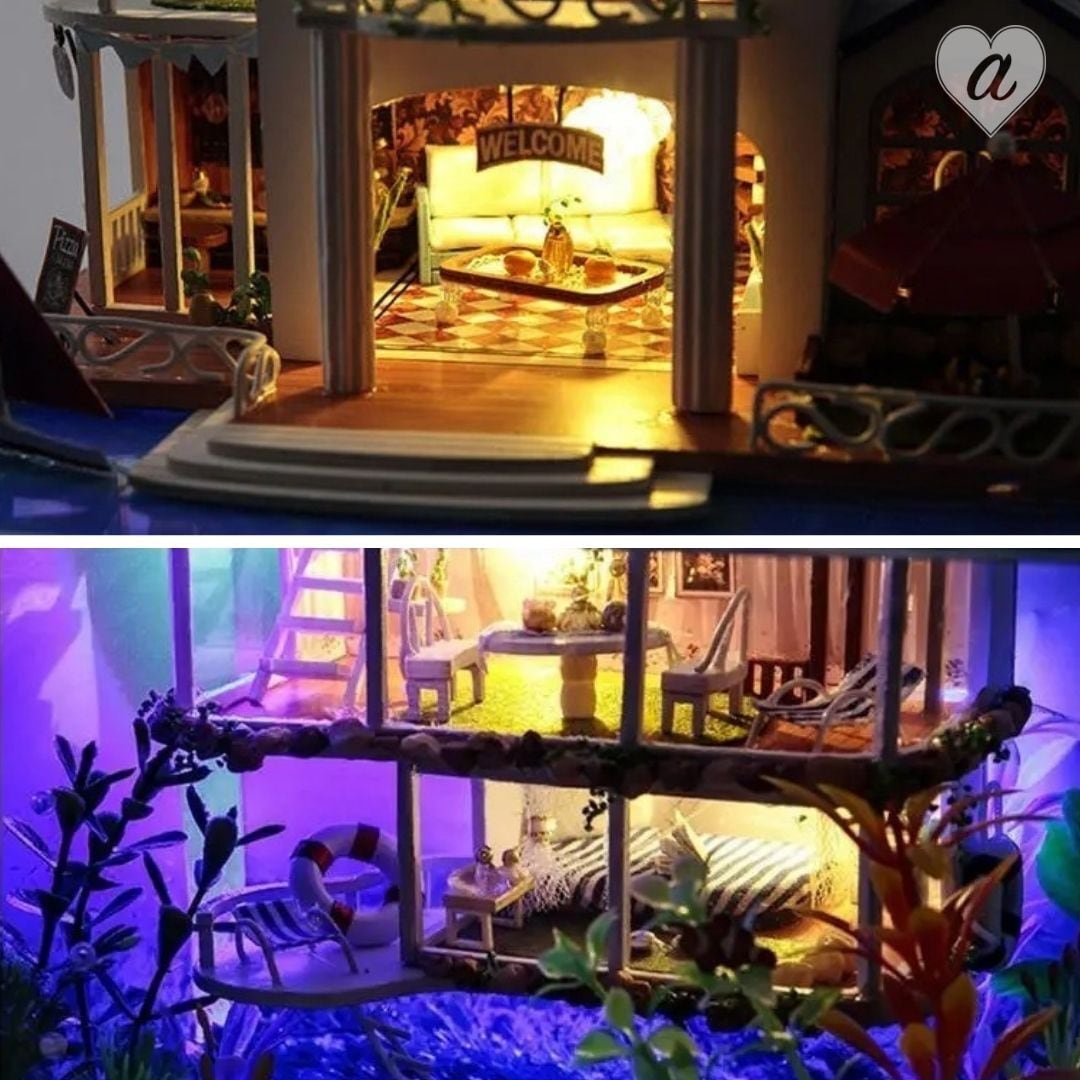 DIY 海の家 ミニチュアドールハウス LEDライト 組み立てキット 自分で