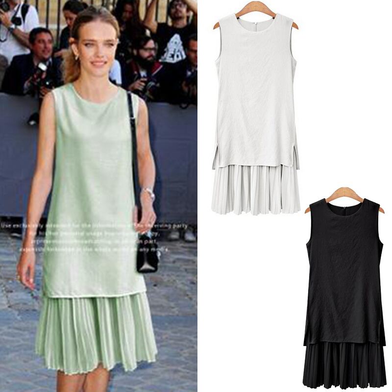 ノースリーブ プリーツ 無地 ワンピース