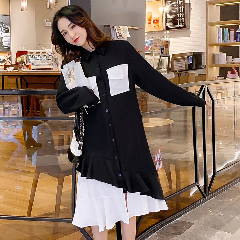 【新作】【送料無料】 マタニティウェア2020秋/冬の新しいファッションステッチ不規則な襟のドレスミドル丈のマタニティドレス-アリババ オータム 秋物 ウィンター 冬物 expec270423517461