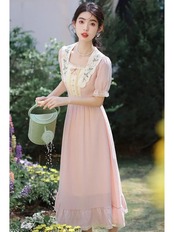 【0044】Retro Floral Collar Pink Long Short Sleeve Dress