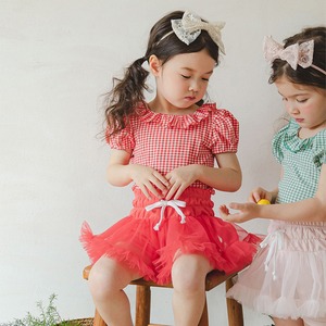 夏チェック柄ラウンドネックTシャツ