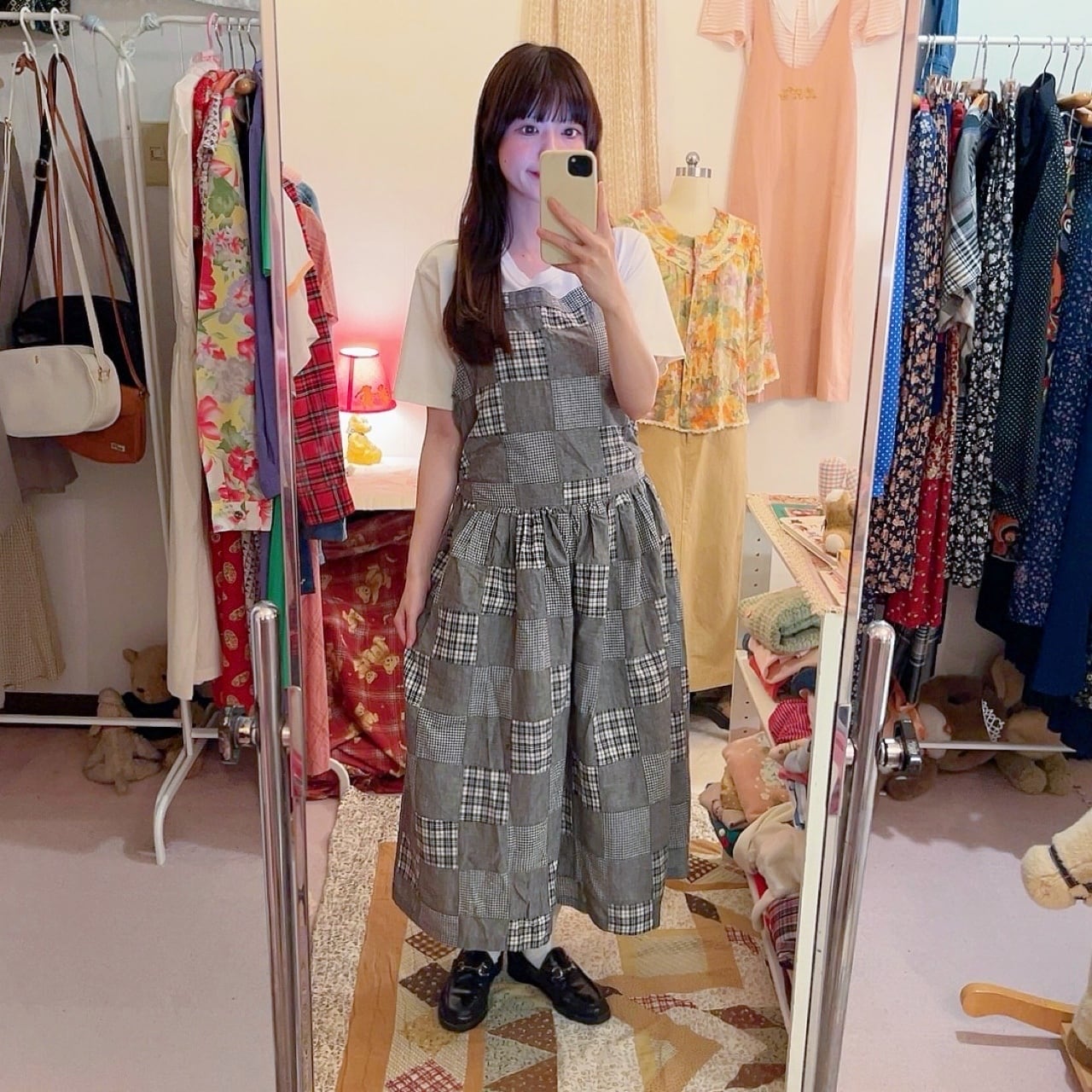 patchwork check apron one-piece