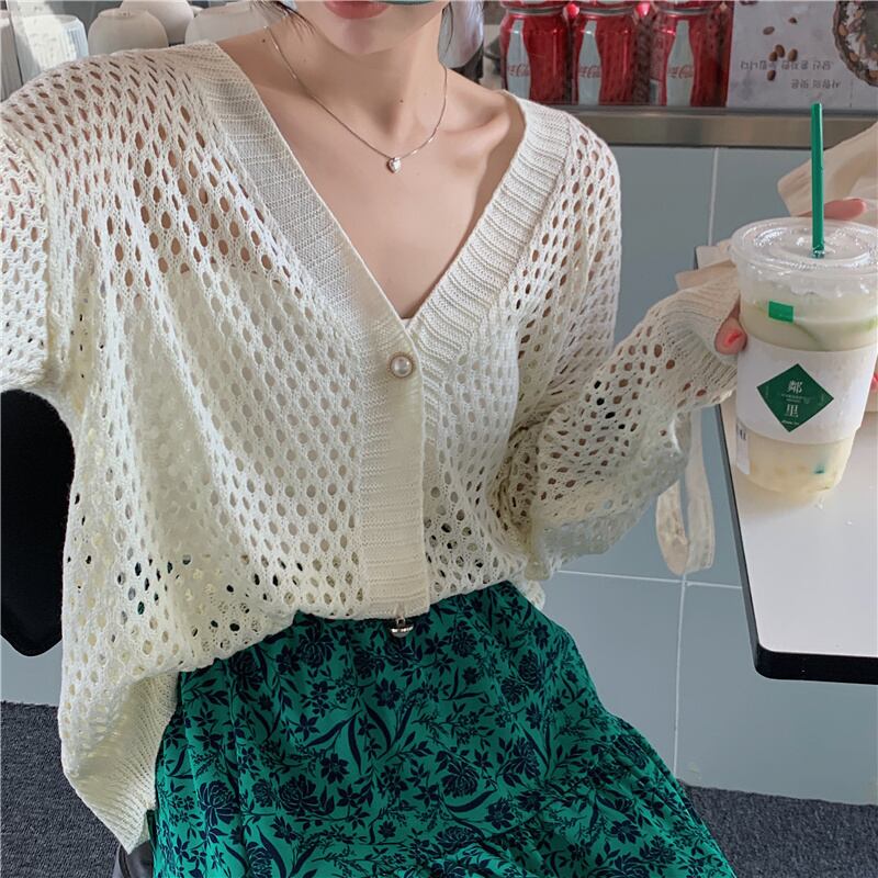 ニットシャツ サマーVネックルーズ薄手カーディガントップス ロング 夏物 クレセントシティ69900291834