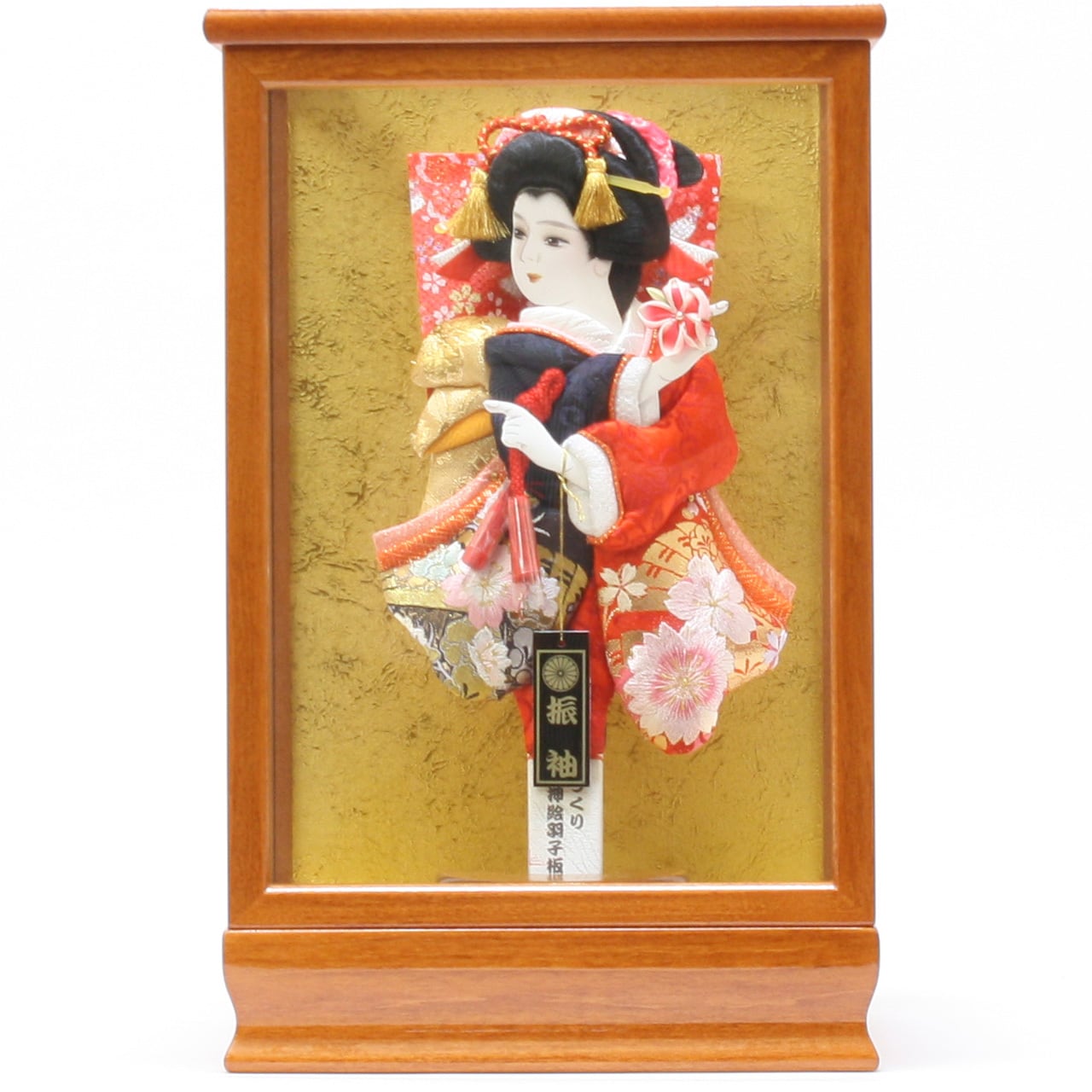 羽子板飾り《商品コード》10308-0119 D 振袖金襴 刺繍 紺赤 10408-0015 621121 羽子板ケース 8号ケヤキ|初正月|省スペース|おしゃれ|モダン|コンパクト|江戸押絵羽子板|無病息災|邪気払い|無患子