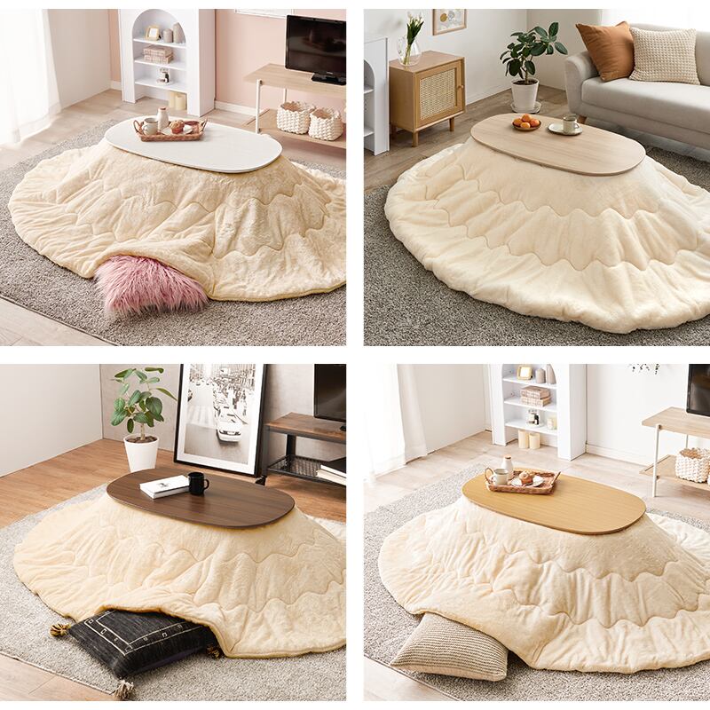 【完成品】楕円形折れ脚こたつ＋うす掛け布団 2点セット こたつ4種x掛け布団5種 コンパクトサイズ カルミナメレンゲ 幅90cm