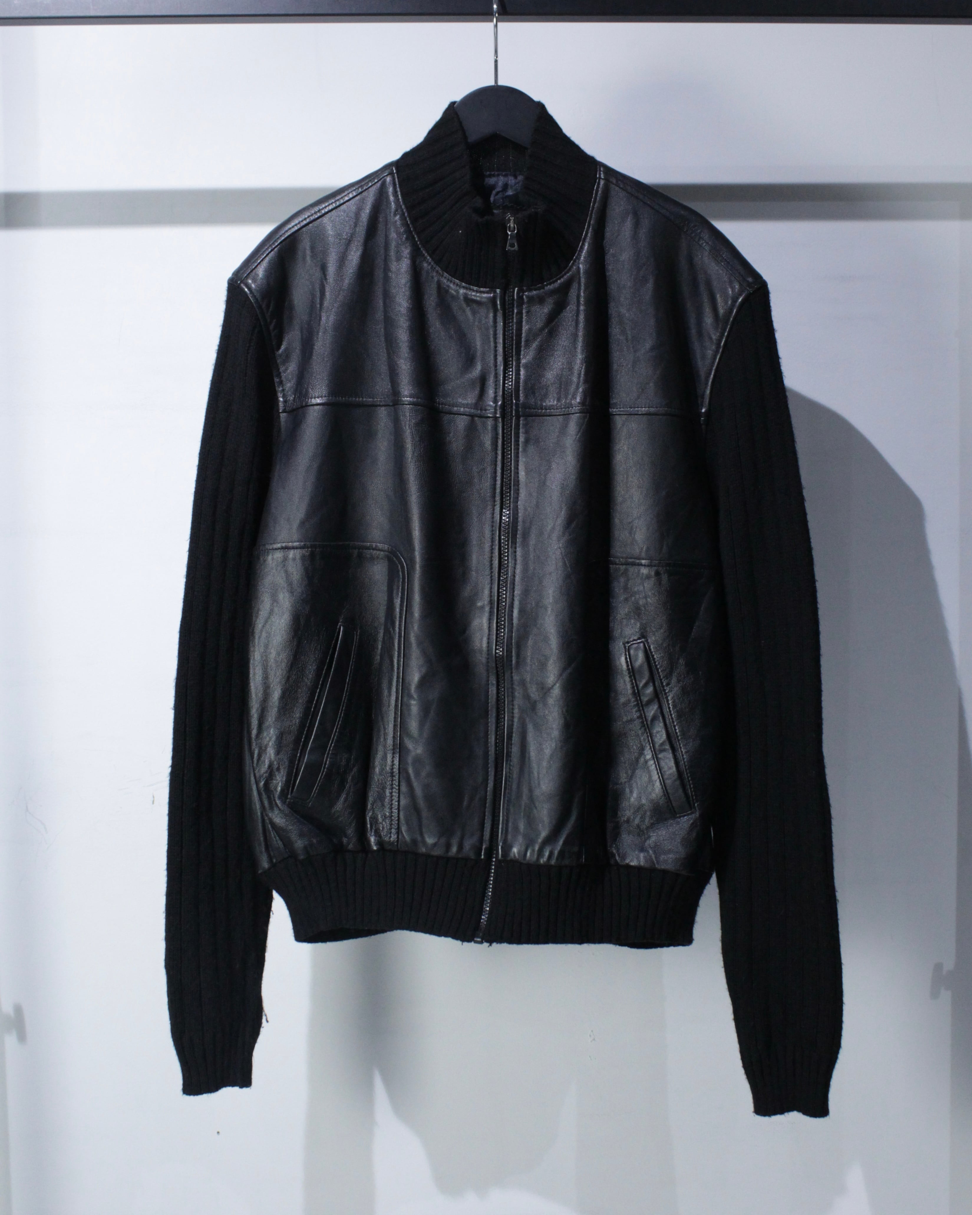 Caka BLACK】Leather Switching Vintage Zip Up Knit Jacket | Caka