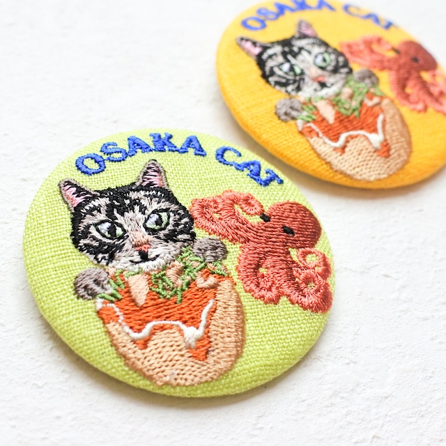 たこ焼き＆猫の刺繍缶バッジ｜大阪ご当地猫刺繍