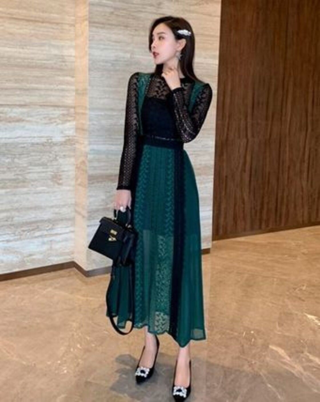 上品なグリーンレース ロング丈 ワンピース 結婚式 | PAY ID