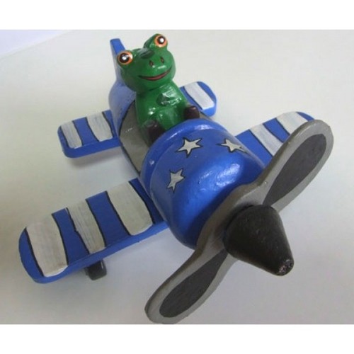 バリ雑貨木工置物　飛行機カエル　ブルー